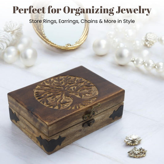 Hind Handicrafts Handmade Wooden Jewelry Box with Tree of Life Engraving – Antique Handcarved Keepsake Organizer for Women & Men | Solid Wood Storage Box for Jewelry, Trinkets, Gifts & Home Décor
