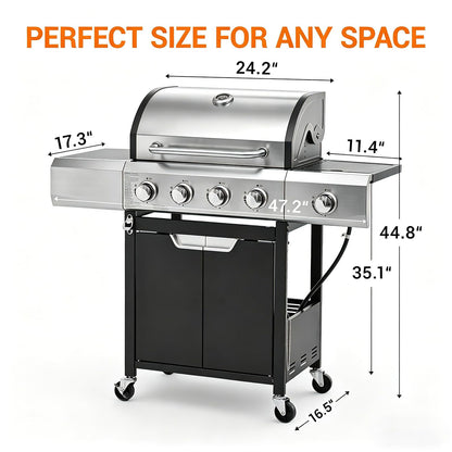 EUHOME 51,000 BTU 4-Burner Propane Gas Grill with Side Burner – Large 452 sq.in Stainless Steel BBQ Grill, Enameled Cast Iron Grates, 4 Swivel Casters & Protective Cover for Backyard Patio Family