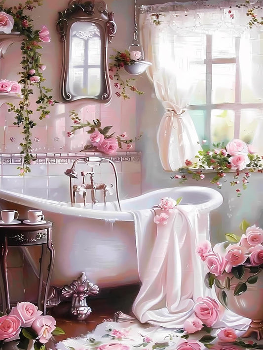 5D Diamond Painting Kits The Vintage Bathroom with Pink and White Floral Diamond Art Kits for Adults DIY Bathtub Round Full Drill Paintings with Diamonds Gem Art for Adults Home Wall Decor 12x16 inch