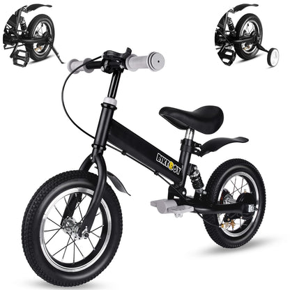 bikeboy Balance Bike 14 Inches, Dual Use Kids Bike for 2-6 Years Old, Shock Absorbers, Fenders, Pedals, Auxiliary Wheels, Black