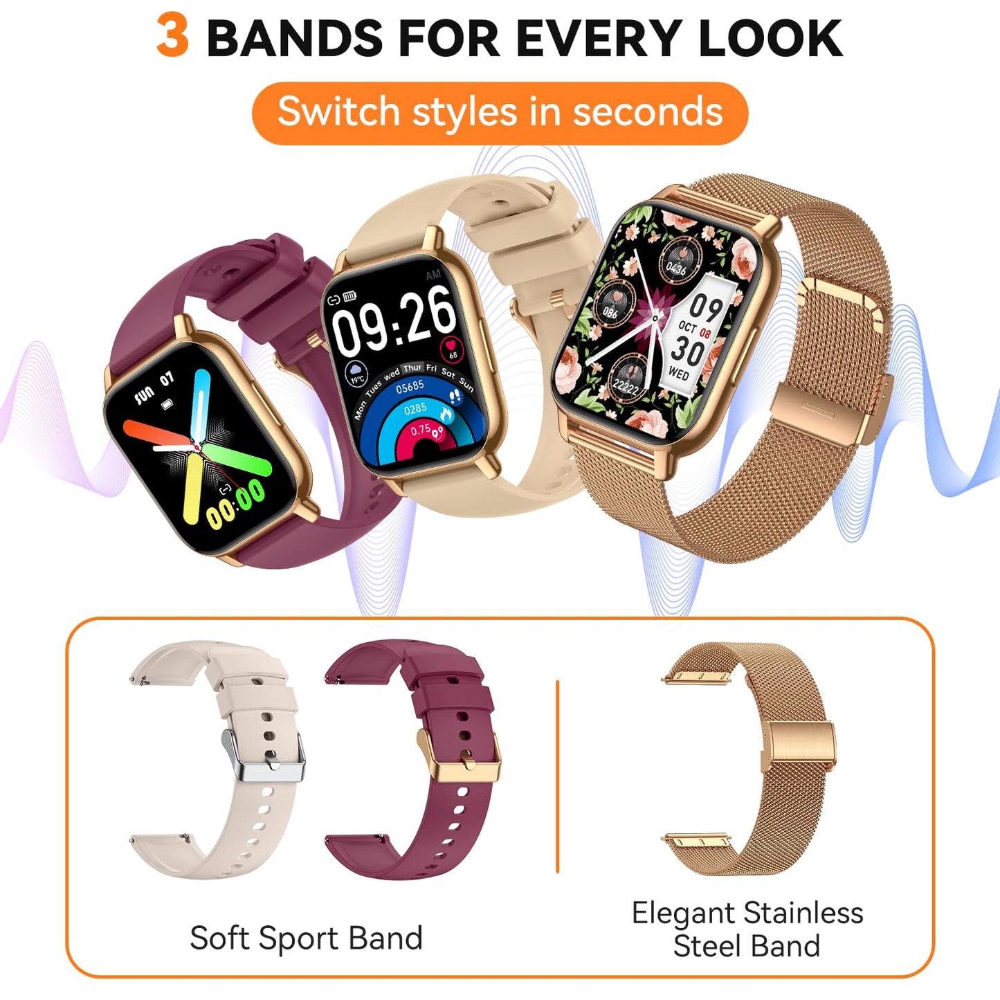 Smart Watch for Women(3 Bands), Smartwatch Fitness Tracker with Bluetooth Calls & AI Voice Control, 1.85’’ HD Screen, Heart Rate/SpO2 Monitor, Sleep Tracker, Compatible with Android iOS (Gold)