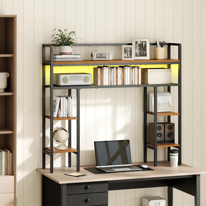 MAHANCRIS Desk Shelf, 43.3" Desk Hutch with Light Strip, Office Desktop Organizer, 5 Tier Desktop Bookshelf for Computer Monitor, Storage Rack for Study, Home Office, Rustic Brown DSHR9801