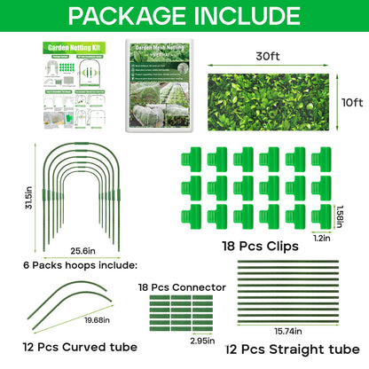 Garden Mesh Netting Kit, 10 * 30FT Ultra Fine Plant Netting Covers with 6 Pcs Garden Hoops & 18 Clips, Row Cover Net Protection for Tree Fruit Barrier Vegetable Fruits Flowers Shrubs Plant Covers Net