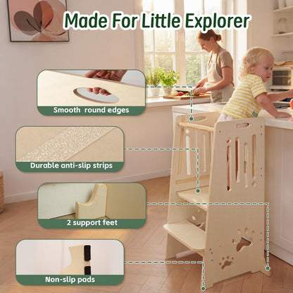 Toddler Tower,Height-Adjustable Step Stool with Sliding Safety Door,Easy to Adjust Height,Suitable for Kids from 18 Months to 5 Years Old,Anti-tilt Kitchen Step Stool with Safety Feet-Natural