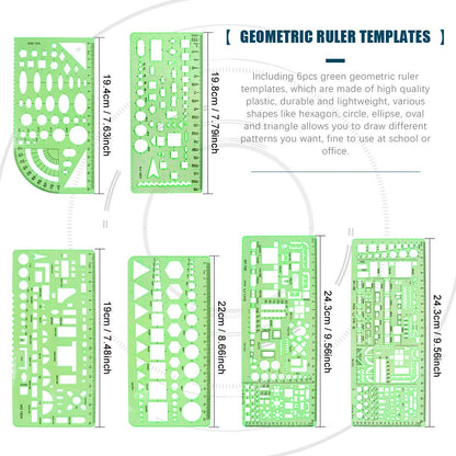 Glarks 16 Pieces Measuring Templates Building Formwork Stencils Geometric Drawing Rulers and Triangular Architect Scale Ruler with Pencil, Pencil Lead Refills, Eraser for Office and School