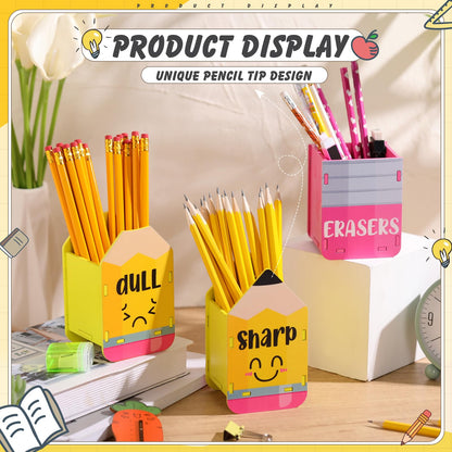 DoubleFill 3 Pcs Sharp and Dull Pencil Holder Eraser Buckets Wooden Shaped Dispenser for Back to School Teachers Classroom Management(Yellow Face)