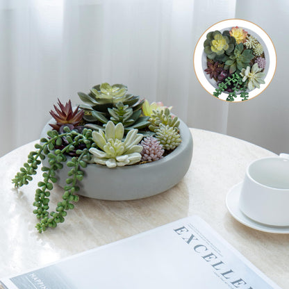 MyGift 8 Inch Round Modern Artificial Succulent Arrangement Potted in Gray Concrete Plant Bowl, Assorted Faux Mini Succulents in a Decorative Planter Pot