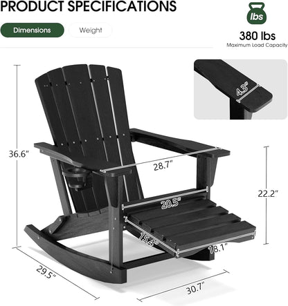Polyhouz Adirondack Rocking Chair with Retractable Ottoman,Outdoor Folding Adirondack Chair with Cup Holder,HDPE All-Weather Patio Lounge Chair for Porch,Lawn, Poolside, Black