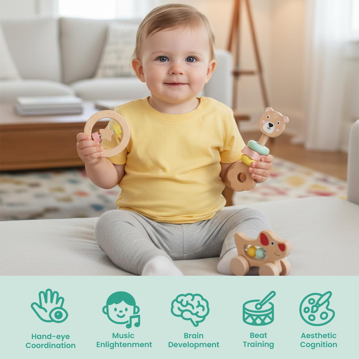 Wooden Baby Toy 6pcs, Montessori Toys for Babies 1-3 Years Old, Wooden Rattles Soft Book Car Toy Set for Infant Grasping, Sensory Development, Gift for Baby Boys Girls