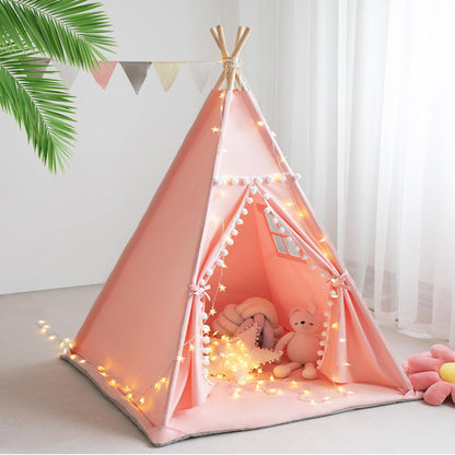RONGFA Teepee Tent for Kids with Mat, Star Lights, Carry Case, Cotton Canvas Playhouse, Foldable Tents, Portable Children Play Tent Indoor Outdoor (Pink)