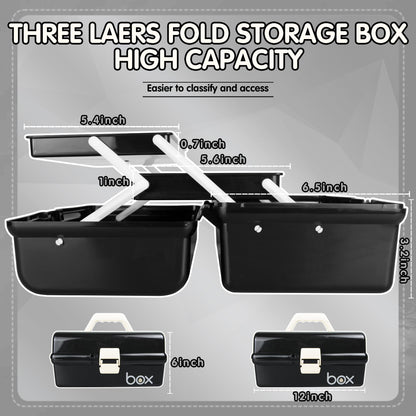 TERGOO 12in Three-Layer Multipurpose Storage Box Organizer Folding Tool Box/Art & Crafts Case/Sewing Supplies Organizer/Medicine Box/Family First Aid Box with 2 Trays (Black)…