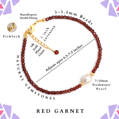 Gempires Red Garnet Beaded Bracelet with Pearl Choker Crystal Jewelry Handmade January Birthstone Gifts 7.5 Inch Gold Plated Lightweight Gemstone Bracelets