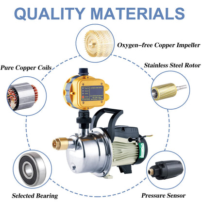 TDRSUPER 1/2 HP Water Pressure Booster Pump with Smart Controller, 845GPH, 110V, Stainless Steel Well Pump, Automatic Water Transfer Jet Pump for Home, Garden, Lawn, Irrigation
