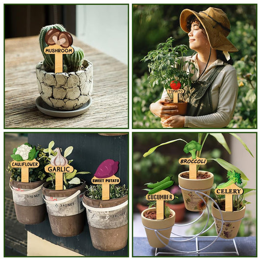 arricraft 15 Pcs Plant Name Markers, 15 Styles Vegetable Names and Patterns Garden Markers Wooden T Type Plant Labels for Vegetables Seedling Potted Plants Garden Stake Sign 2.5x4.7inch