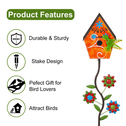 51” Bird Houses Stake for Outside, Metal Wild Bird Feeder Birdhouse Stake Pole with Hummingbird Design Outdoor Decorations for Patio, Backyard, Garden