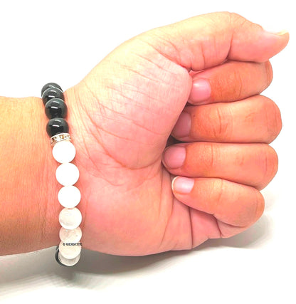 GEMSCITE Natural Black Obsidian and Selenite Crystal Bracelet for Chakra Healing & Energy Balancing