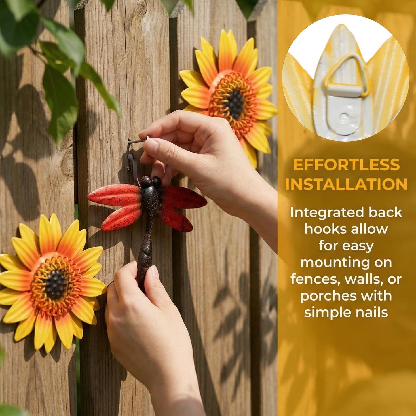 Pumtus 9 Pack Metal Flowers Wall Decor, Small Outdoor Fence Decoration, Butterfly Dragonfly Wall Art Ornament, Hanging Sunflower Animal Sculptures for Garden Patio Backyard Deck Home