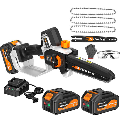 Sihuird Mini Chainsaw Cordless, 8 Inch Electric Chainsaw with 2 x 4.0Ah Battery, Manganese Steel Chain & Automatic Oiler, for Tree Trimming Wood Cutting, Best Gifts for Father, Dad, Husband -SL9102