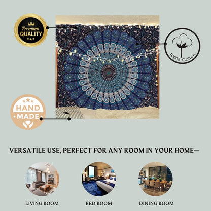 Bless International Handmade Indian hippie Bohemian Psychedelic Peacock Mandala Wall hanging College Dorm Beach Throws Table Cloth Bedding Tapestry (Blue Green, Queen(84x90Inches)(215x230Cms))