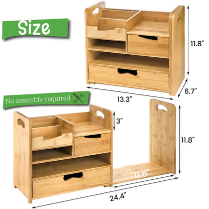 ZOOFOX Bamboo Desk Organizer with Adjustable File Holder, Mail Organizer Countertop with Drawer, 4-Tier Desktop Organization and Desk Accessories for Home Office School Supplies, No Assembly Required
