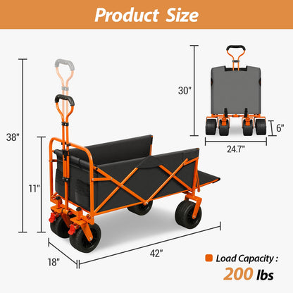 TAIFA Foldable Collapsible Wagons Cart with Extra Long Tailgate, Portable Beach Utility Wagon with Big Wheels and Brakes for Sand Shopping Camping Sports Outdoor, Black and Orange
