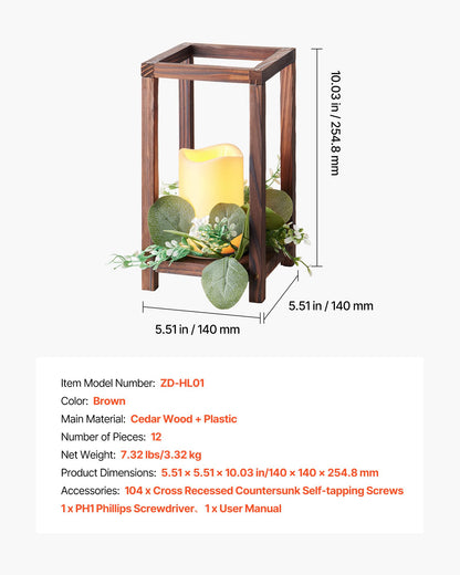 VEVOR 12 Set/36 Pcs Wooden Wedding Lantern Centerpiece, Includes 12 Wooden Lantern Candle Holder 12 Flameless LED Candle 12 Eucalyptus Leaves Wreath for Wedding Table Party Farmhouse Decor, Brown