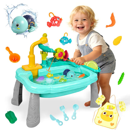 Mini Water Table for Toddler 1-3, Kids Play Sink with Running Water, Outdoor Toys for Kids Ages 4-8 with 360° Electric Faucet, Floating Fishing Game, Sensory Activity Kitchen Toy for Boys Girls