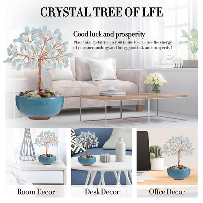 Handcrafted Aquamarine Abundance Tree with Ceramic Base,5 Inch Natural Crystal Feng Shui Bonsai for Prosperity,Harmony & Energy Flow,Premium Healing Stone Decor for Home & Sacred Spaces