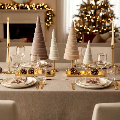 Hoolerry 4 Pcs Christmas Velvet Trees with Gold Pedestal Modern Rustic Christmas Velvet Cone Trees Minimalist for Mantel Table Centerpiece Entryway Home Winter Holiday Wedding Decor(Nude Tone)