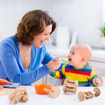 Zhanmai 5 Pieces Wooden Baby Toys Montessori Toys for Babies 0-6-12 Months Toy Rattles with Bells Baby Push Car Wooden Newborn Toy for Toddlers 1-3 Years Old Infant Boys and Girls Gifts