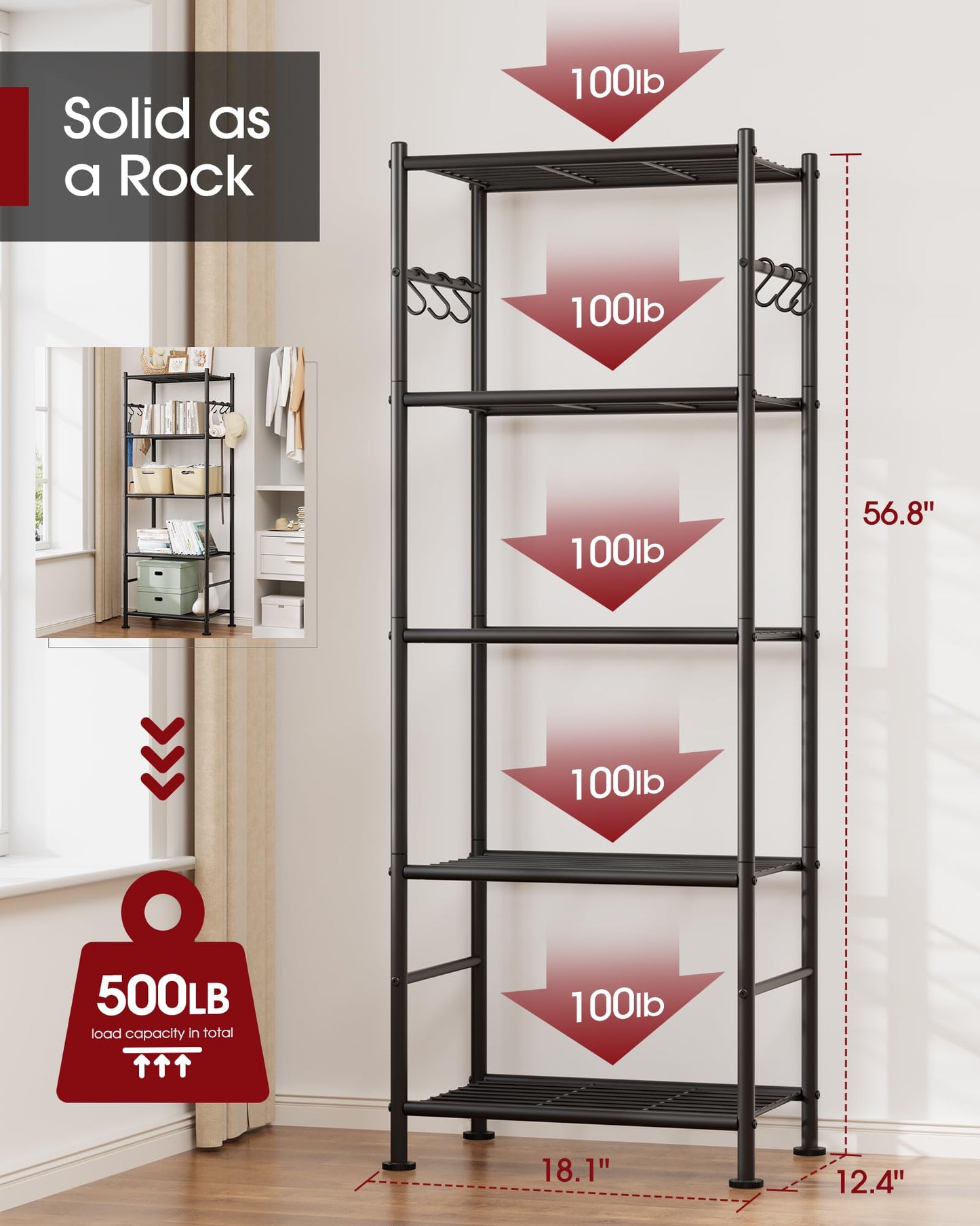 Sakugi Storage Shelves - 5-Tier Large Capacity Shelf Organizer with Hooks, Heavy-Duty Garage Shelving with Leveling Feet, Wobble-Free Rack for Bedroom, Balcony, Garage, 18.1"×12.4"×56.8", Black