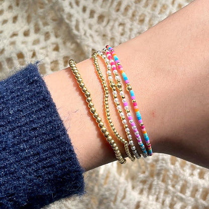 SHINUS BOHO 14K Gold Plated Blue Pink Beaded Bracelets Stack Set for Women,Stretch Stackable Cute Bohemian Colorful Fun Beads Ball Jewelry Friendship Summer Trendy