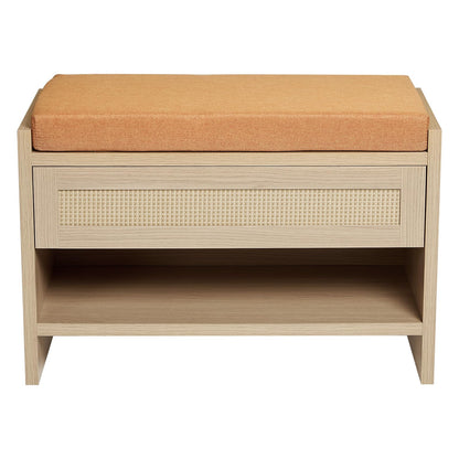 Garvee 32" L Farmhouse Shoe Bench with Storage Drawer & Linen Cushion – Wooden Entryway Bench with Open Shelf for Hallway, Bedroom & Living Room Organization,Light Oak