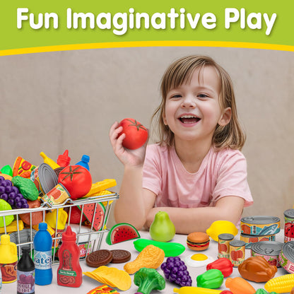55 Pcs Grocery Store Pretend Play Food Set with Shopping Basket for Kids Toddlers 1-3 4-8, Kids Play Kitchen Accessories Plastic Fake Food Fruits and Vegetables Can Toy Gifts for Boys Girls