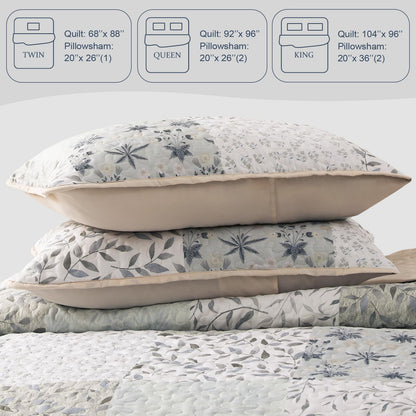 Exclusivo Mezcla Reversible Boho Quilts Queen Size, Gray Bedspreads Lightweight Coverlet All Season Patchwork Quilt Bedding Set with Printed Floral Pattern (1 Quilt, 2 Pillow Shams)