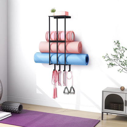 Camping Chair Wall Storage for Garage, Metal Camping Chair Storage Rack Wall Holder, Floating Shelf, 4 Hooks, Stainless Steel, Beach Chair Rack, Umbrella Holder, Garage Chair Organizer, Matte Black