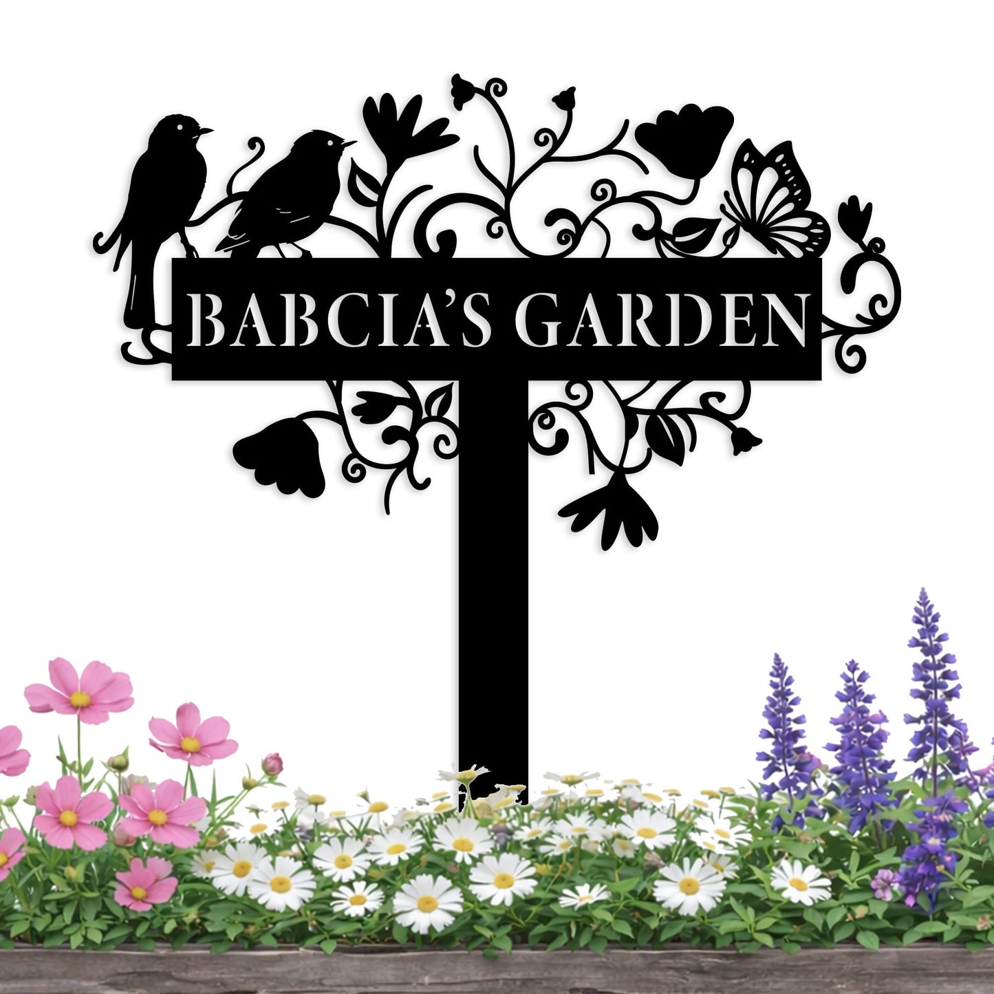 Custom Metal Garden Sign with Flowers, Personalized Garden Metal Stake with Birds, Flower Garden Name Decor, Custom sign for Outside, Customized Gardening Decoration, Yard Art, Gift for Mom, Grandmom