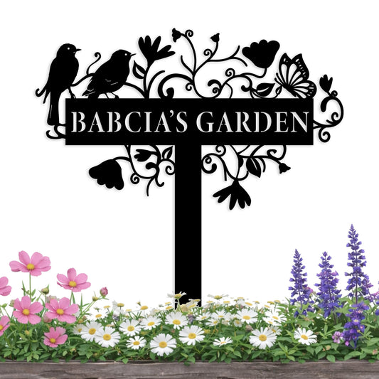 Custom Metal Garden Sign with Flowers, Personalized Garden Metal Stake with Birds, Flower Garden Name Decor, Custom sign for Outside, Customized Gardening Decoration, Yard Art, Gift for Mom, Grandmom