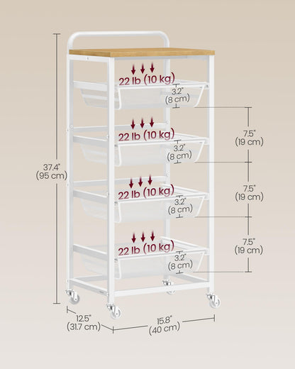 VASAGLE Storage Rolling Cart with Pull-Out Baskets, 5-Tier Utility Cart Orgnizer with Wheels for Laundry Room, Kitchen, Handle, 12.5 x 15.8 x 37.4 Inches, Golden Oak and Matte White ULRC041YA01