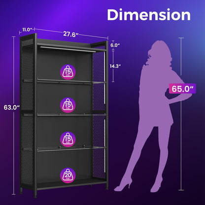 AODK Display Case with LED Lights, Display Cabinet with Glass Storage Shelves and Industrial Metal Mesh, 4-Tier Display Shelf for Collectibles, Curio Cabinet with Open Shelf, Black