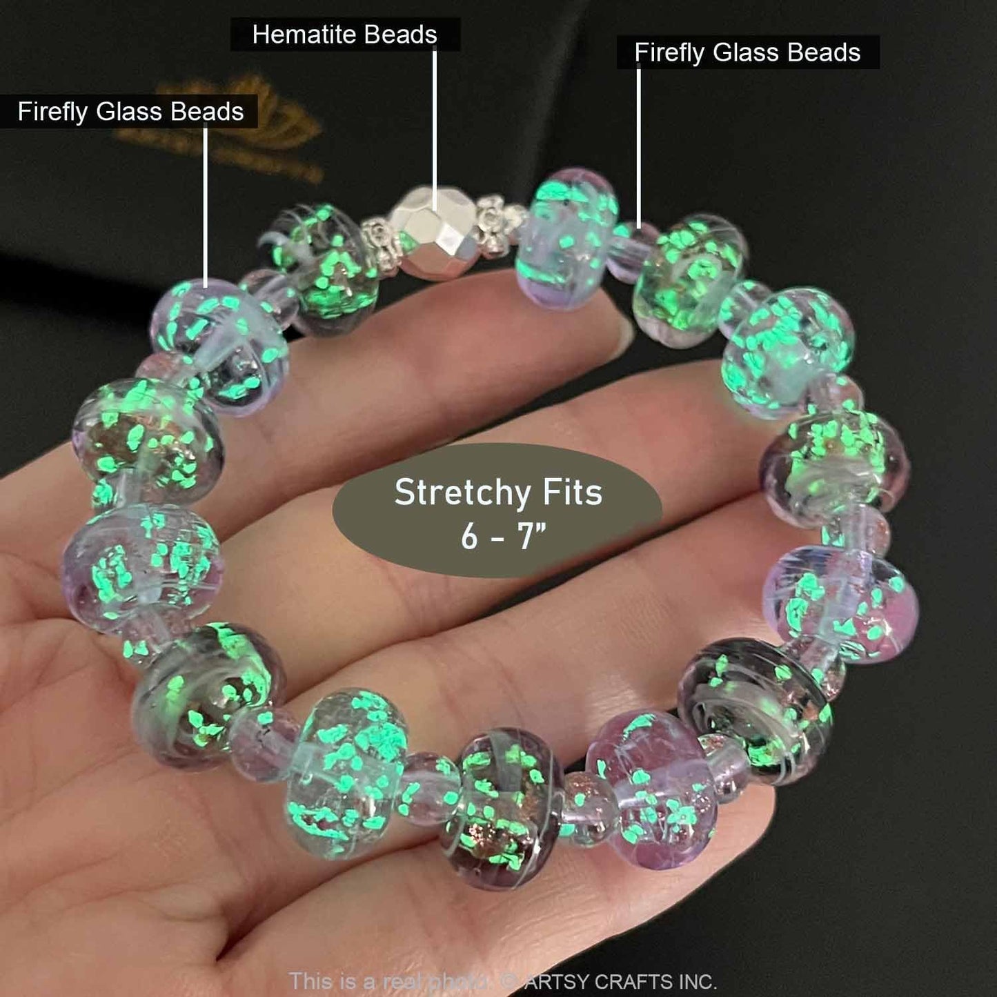 ARTSY Crafts Glow in The Dark Firefly Beads Bracelet, Handmade in USA, Colorful Donut Shaped Luminous Murano Glass Beads Jewelry Mermaid Crystals Inspirational Gift (Lavender + Violet)