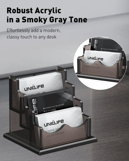 Uniclife Acrylic Business Card Holder for Desk 3 Slots Horizontal Business Card Display Stand for Men and Women Desktop Name Card Organizer Card Stand for Office Home, 180 Card Capacity, Black