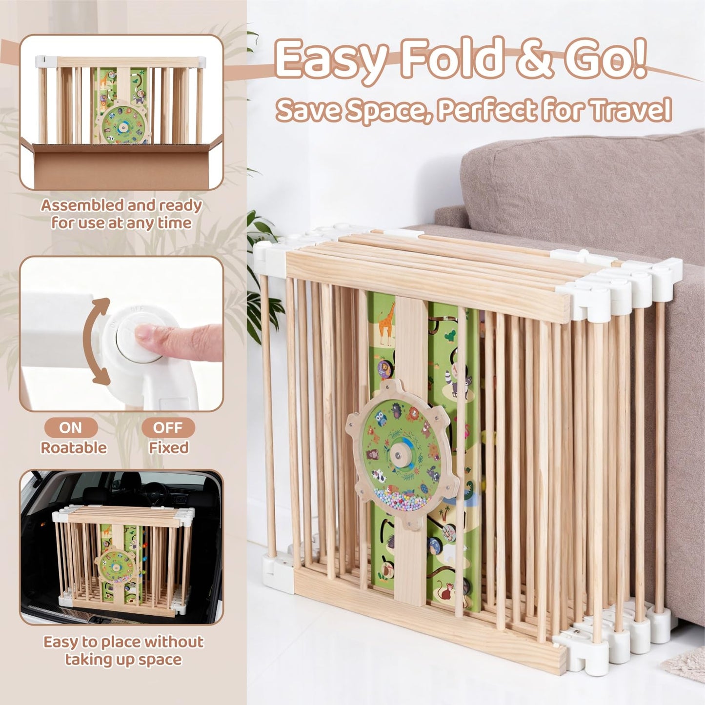 Wooden Baby Playpen, Large Foldable Play Yard for Babies and Toddlers, 57"x57"x24" Montessori Play Fence with Activity Center,Easy Fold & Safety Gate for Indoor Play Area