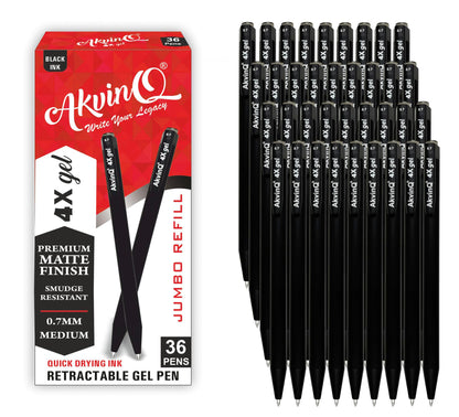 AKVINQ® 4X Gel Retractable Gel Pen | 0.7mm Medium Point | Black Gel Ink Pens | Pack of 36 Pens | Premium Matte Finish | Jumbo Refill | Bulk Pack for Journaling, Writing, Note-Taking, Office Supplies
