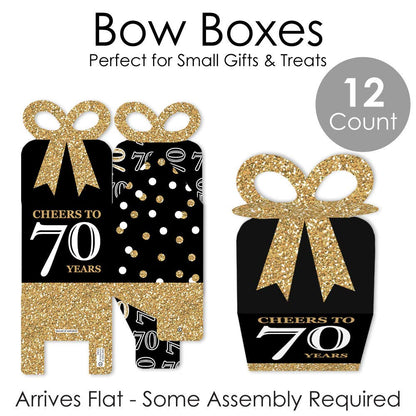 Big Dot of Happiness 70th Birthday Party Favor Gift Boxes - Elegant Gold Square Design with 3D Bow Top - Premium Cardstock Party Supplies for Milestone Celebration, Bow Boxes, Set of 12 Decorative Boxes - 70 Years