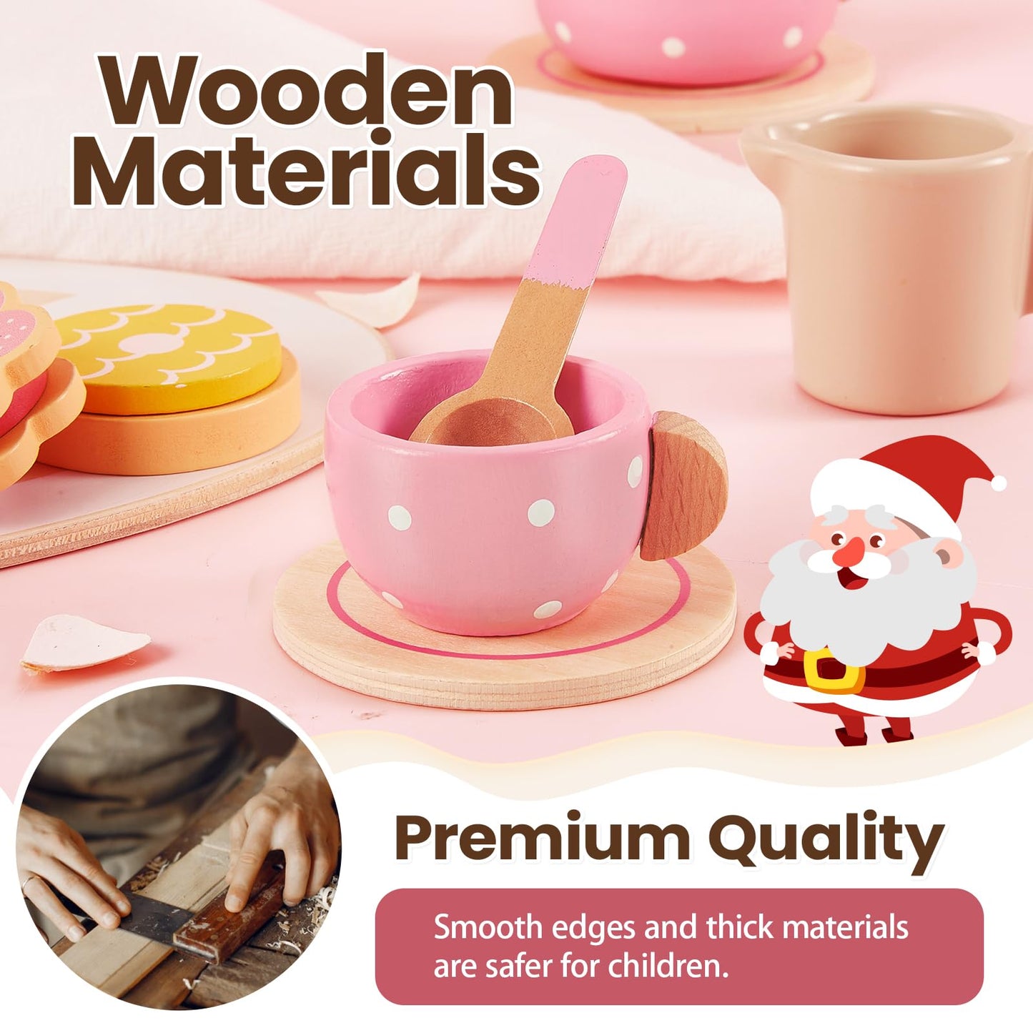 BUYGER Kids Wooden Tea Party Set for Little Girls Toddler Pretend Play Food Kitchen Accessories Princess Birthday Gifts for Ages 3 4 5 Years Old