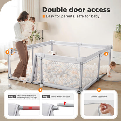 Baby Playpen,79"x59" Foldable Playpen for Babies and Toddlers with Gate,Large Play Pen with Zipper Door,Baby Play Pen Play Area(Light Grey)