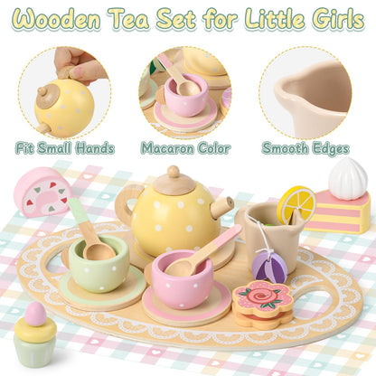 Lonico Wooden Tea Party Set for Little Girls Toddler Tea Set with Cupcake Stand & Food Dessert, Play Kitchen Accessories for Toddlers 2 3 4 5 6 Years Old, Wooden Toys Birthday Kids Girls Gifts 3-6