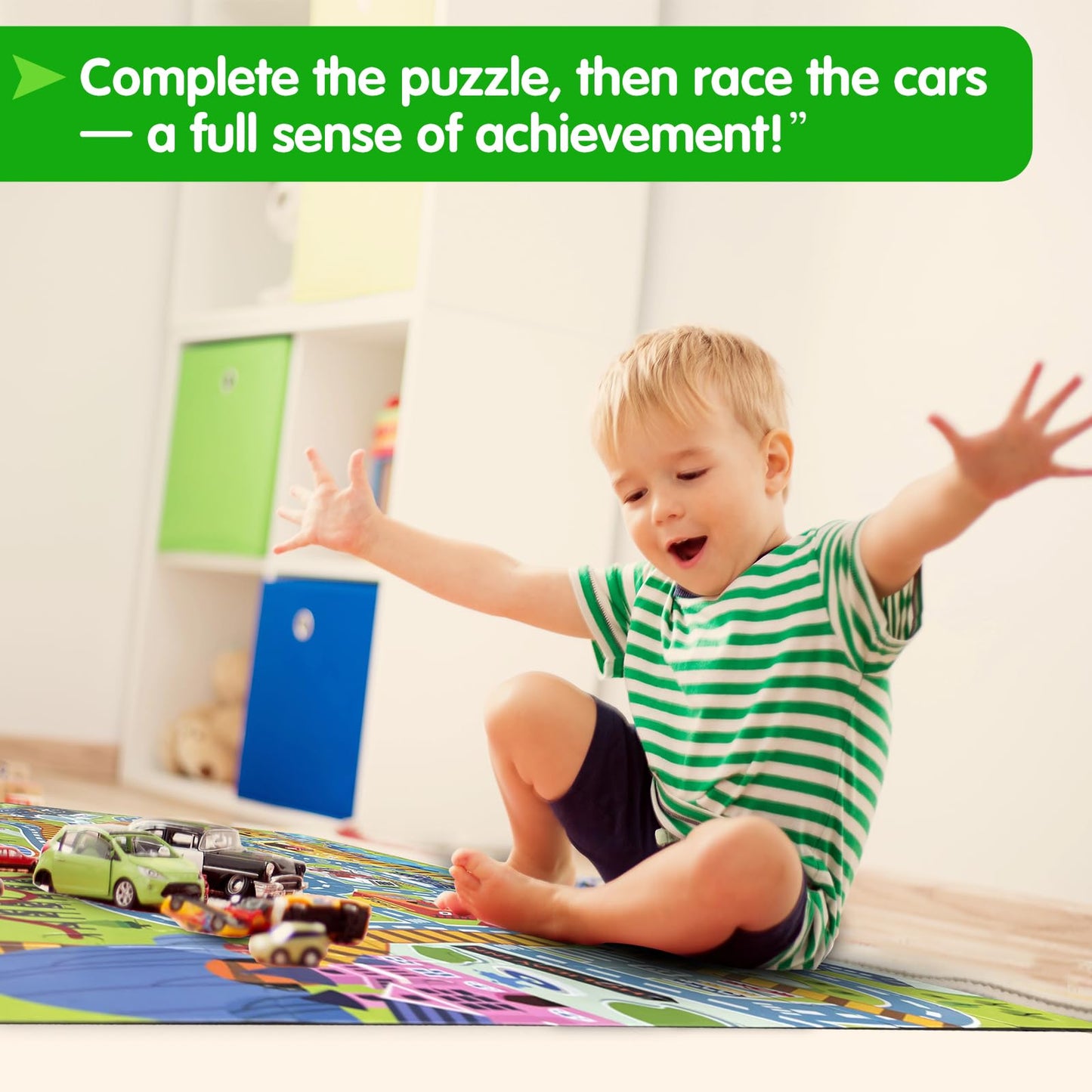 Beeqoo City Adventure Giant Floor Puzzle for Kids Ages 3-8 - 60 Piece Large Piece Puzzles- Town Map with Race Tracks & Train Tracks - Storytelling Educational Preschool Toy for Toddlers Ages 3+