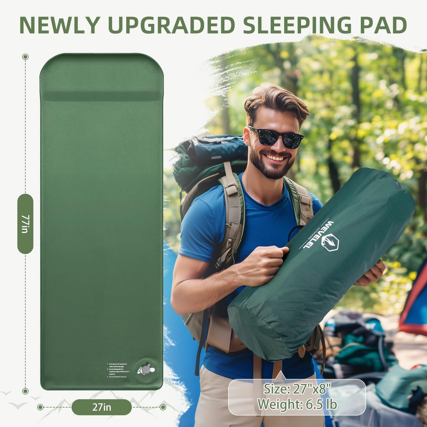 Wevelel Memory Sleeping Pad, 3.1" Ultra-Thick Foam Sleeping Mats for Camping, Easy Inflate&Deflate,9.5 R-Value Insulated Camping Mattress Pad with Pillow, for Car Travel Tent